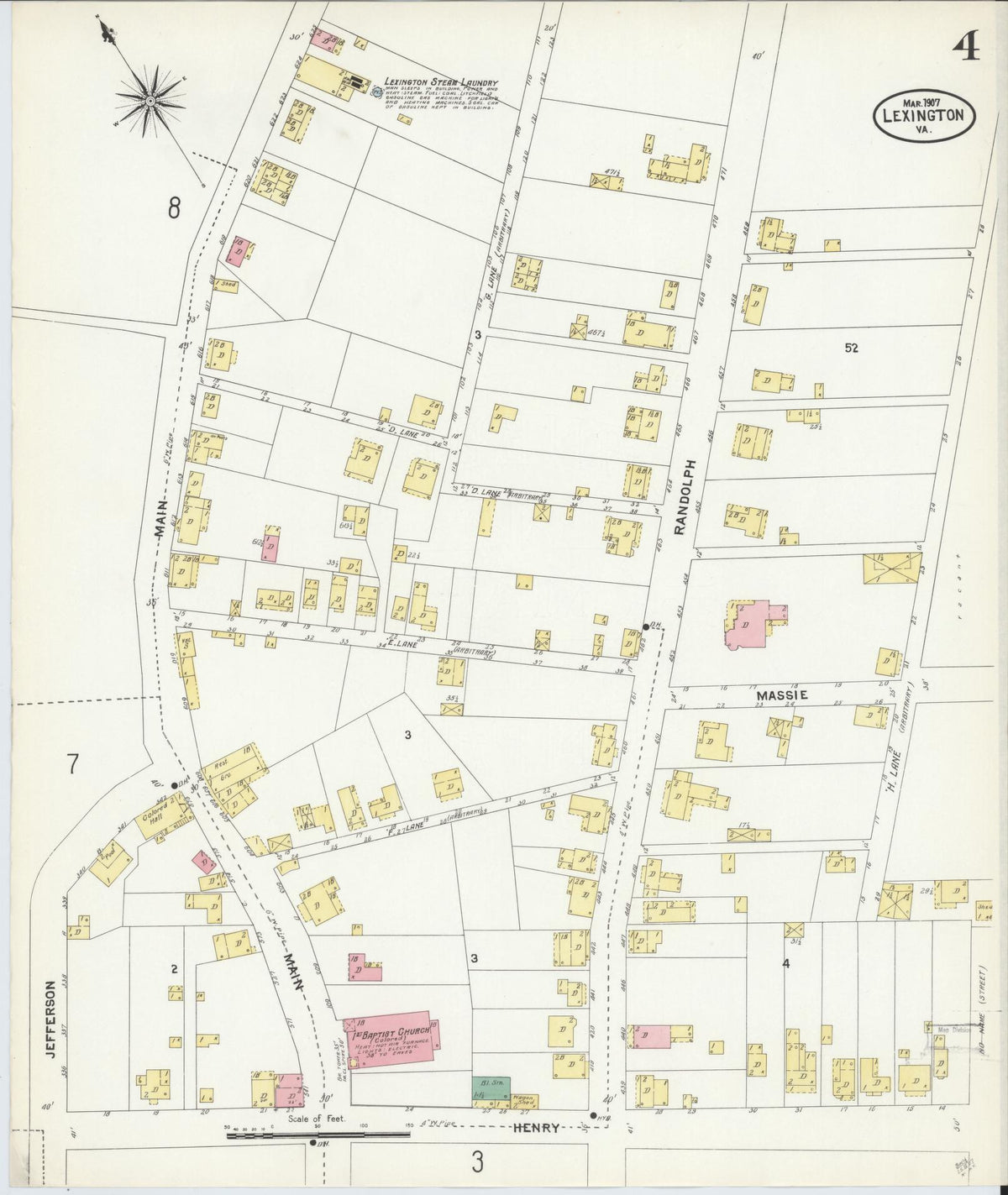 Sanborn Fire Insurance Map from Lexington, Independent Cities, Virginia (1907), Sheet #0004 - Historic Sanborn Fire Insurance Map Print, vintage old map wall art, antique decor, genealogy gift, Virginia Virginia map