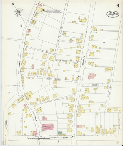 Sanborn Fire Insurance Map from Lexington, Independent Cities, Virginia (1907), Sheet #0004 - Historic Sanborn Fire Insurance Map Print, vintage old map wall art, antique decor, genealogy gift, Virginia Virginia map