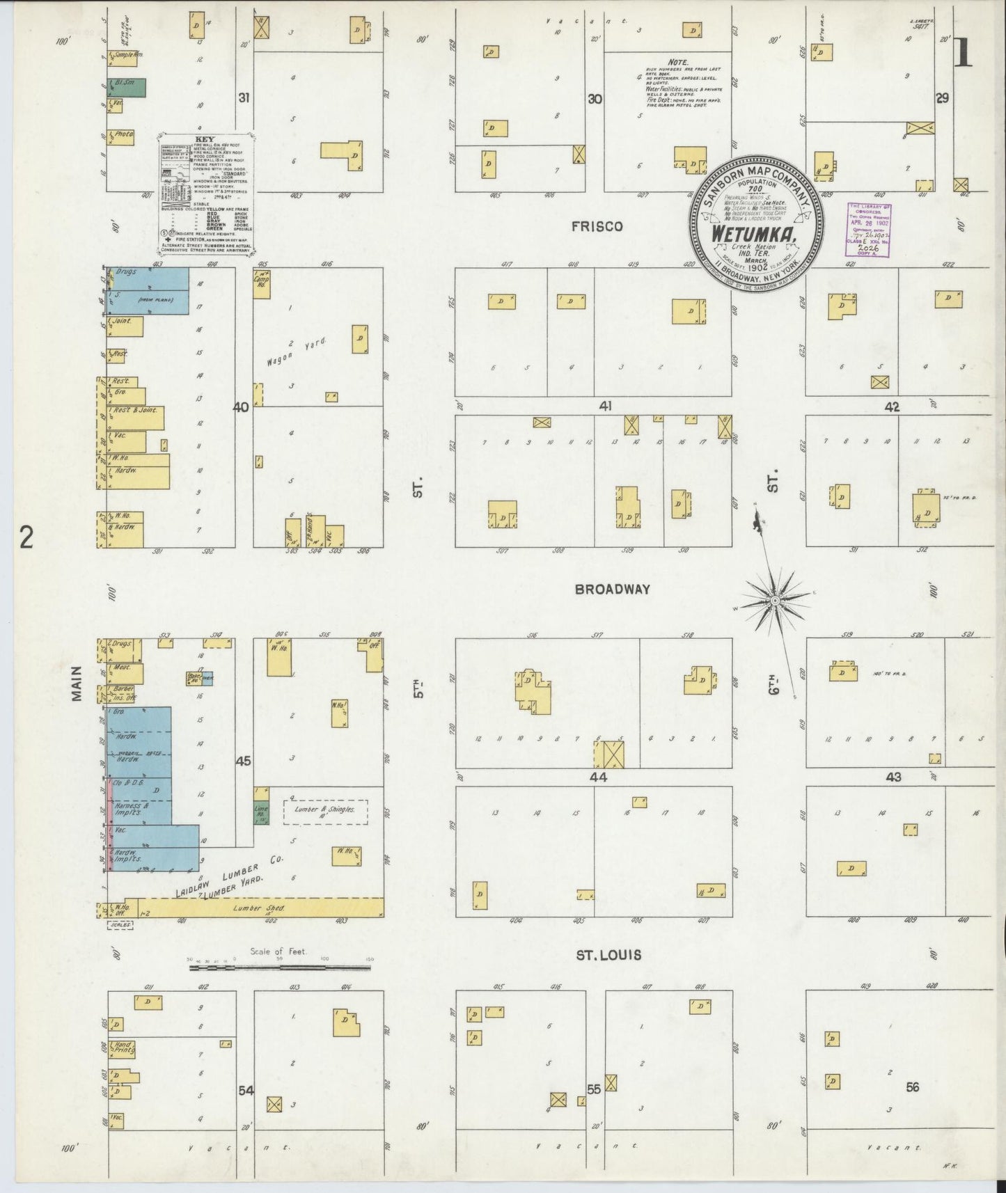 Sanborn Fire Insurance Map from Wetumka, Hughes County, Oklahoma (1902), Sheet #0001 - Complete Map Set gallery image, historic Sanborn map, vintage wall art, Oklahoma Oklahoma