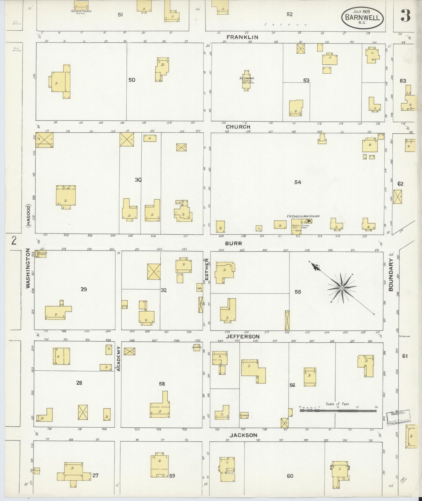 Sanborn Fire Insurance Map from Barnwell, Barnwell County, South Carolina (1909), Sheet #0003 - Historic Sanborn Fire Insurance Map Print, vintage old map wall art, antique decor, genealogy gift, South Carolina South Carolina map