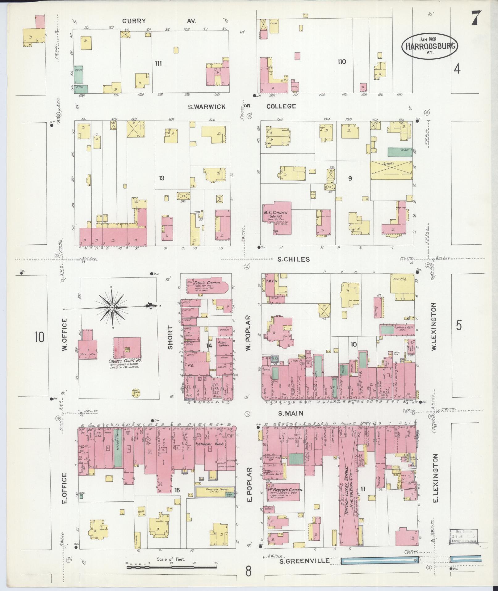 Sanborn Fire Insurance Map from Harrodsburg, Mercer County, Kentucky (1908), Sheet #0007 - Complete Map Set gallery image, historic Sanborn map, vintage wall art, Kentucky Kentucky