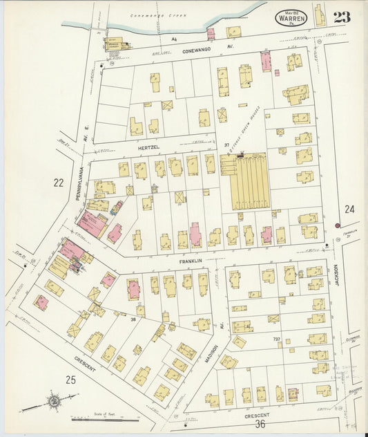 Sanborn Fire Insurance Map from Warren, Warren County, Pennsylvania (1912), Sheet #0023 - Historic Sanborn Fire Insurance Map Print, vintage old map wall art, antique decor, genealogy gift, Pennsylvania Pennsylvania map