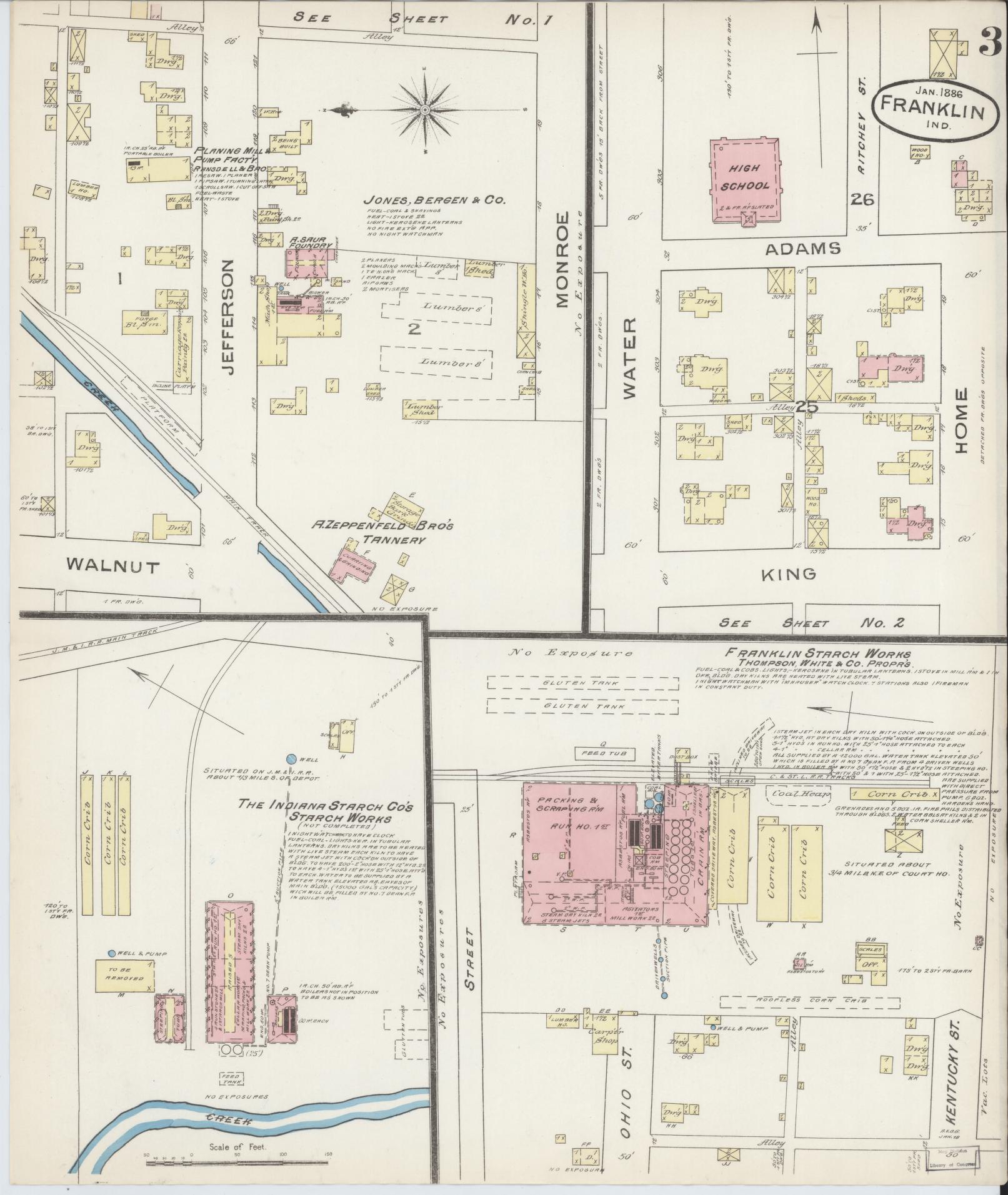 Sanborn Fire Insurance Map from Franklin, Johnson County, Indiana (1886), Sheet #0003 - Complete Map Set gallery image, historic Sanborn map, vintage wall art, Indiana Indiana