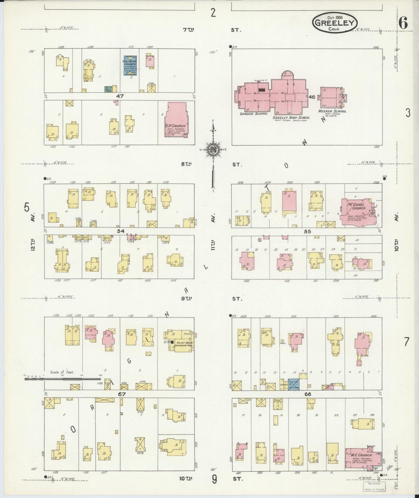 Sanborn Fire Insurance Map from Greeley, Weld County, Colorado (1909), Sheet #0006 - Historic Sanborn Fire Insurance Map Print, vintage old map wall art, antique decor, genealogy gift, Colorado Colorado map