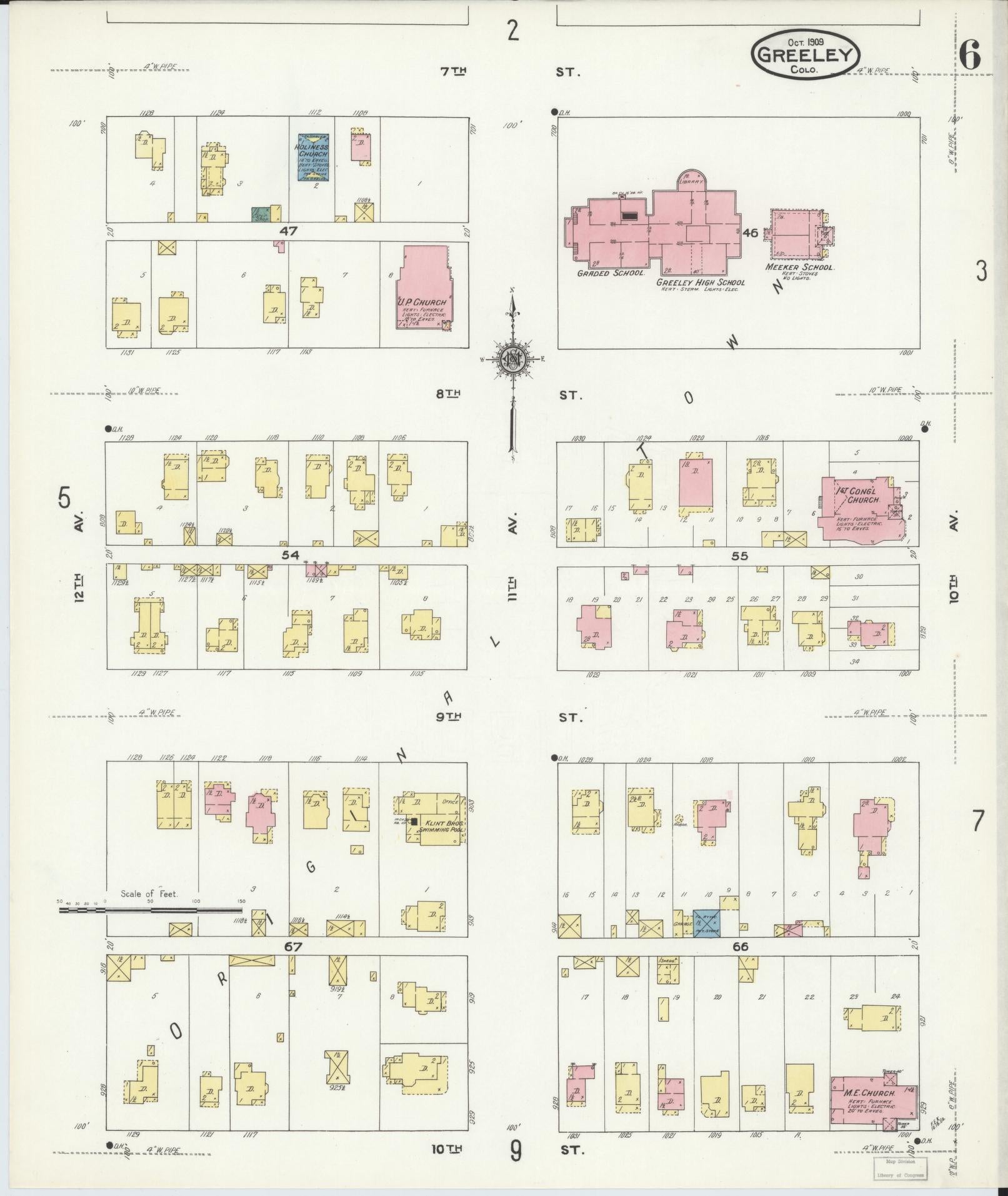 Sanborn Fire Insurance Map from Greeley, Weld County, Colorado (1909), Sheet #0006 - Historic Sanborn Fire Insurance Map Print, vintage old map wall art, antique decor, genealogy gift, Colorado Colorado map