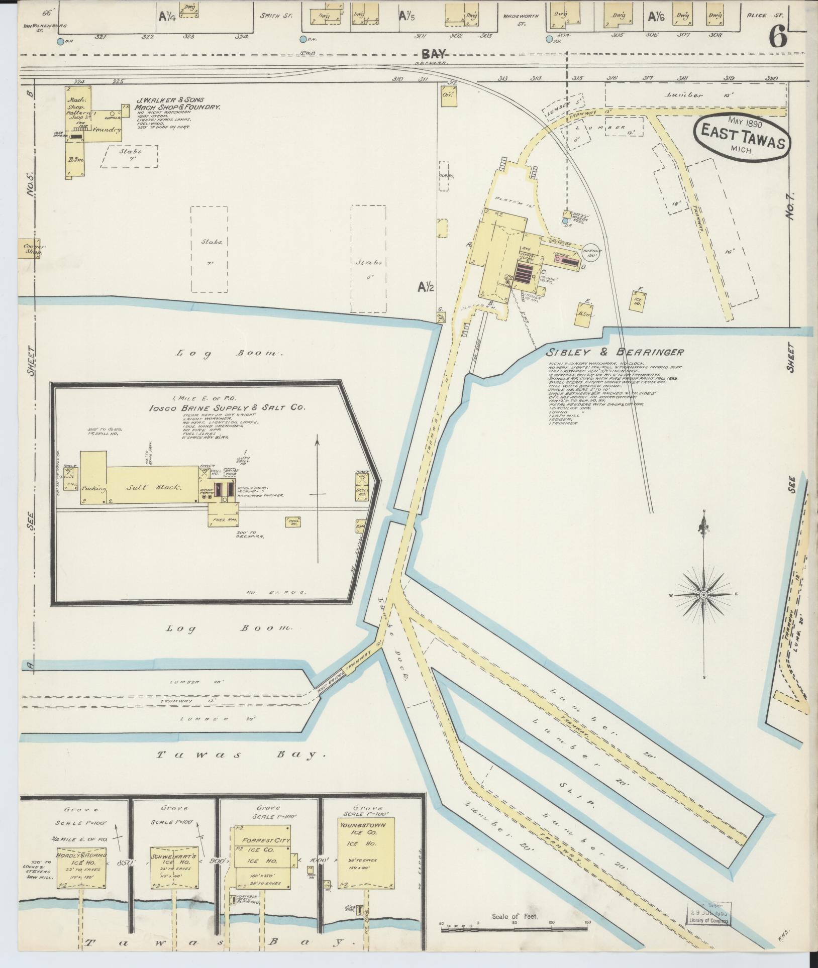 Sanborn Fire Insurance Map from East Tawas, Iosco County, Michigan (1890), Sheet #0006 - Historic Sanborn Fire Insurance Map Print, vintage old map wall art, antique decor, genealogy gift, Michigan Michigan map