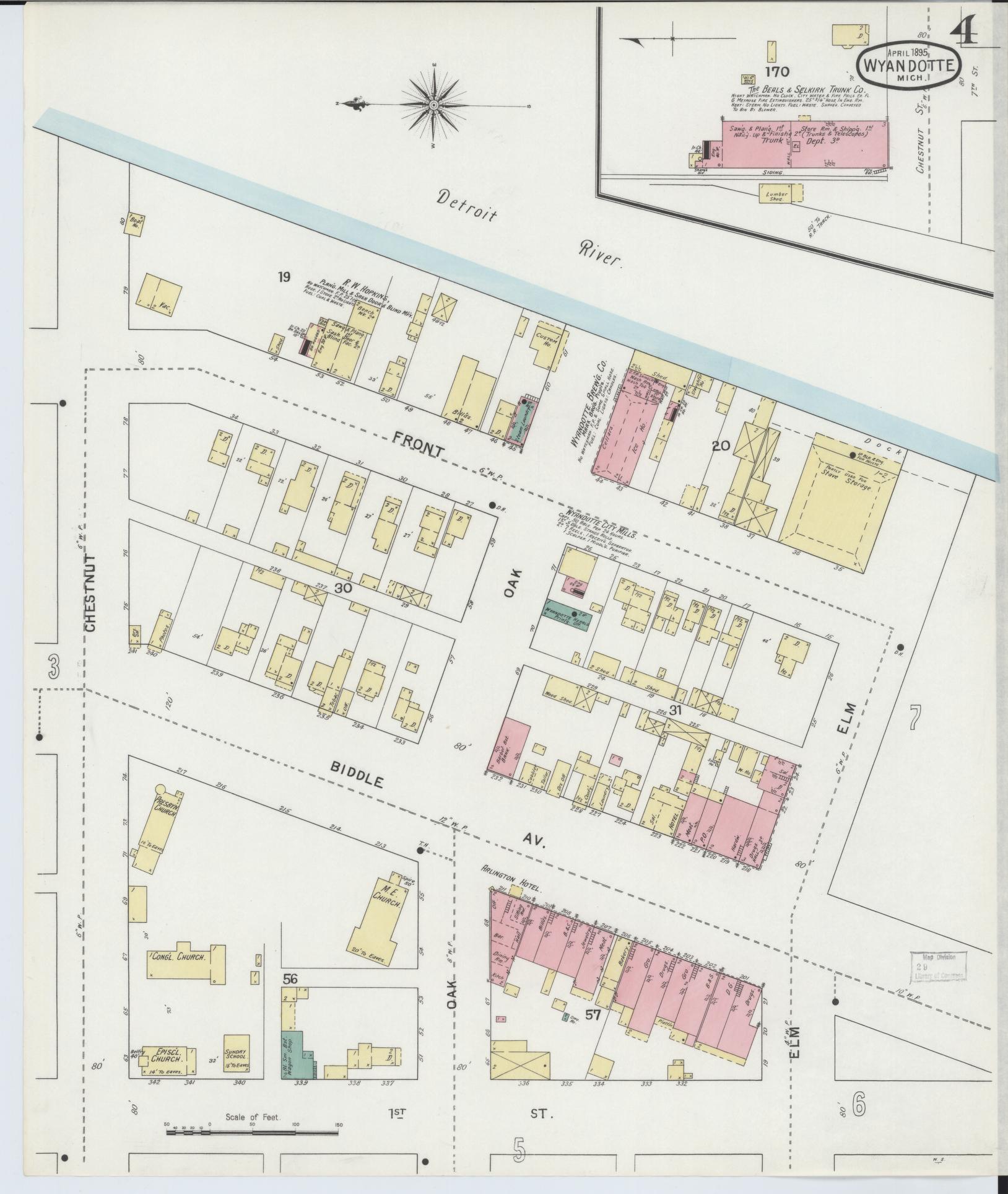 Sanborn Fire Insurance Map from Wyandotte, Wayne County, Michigan (1895), Sheet #0004 - Complete Map Set gallery image, historic Sanborn map, vintage wall art, Michigan Michigan