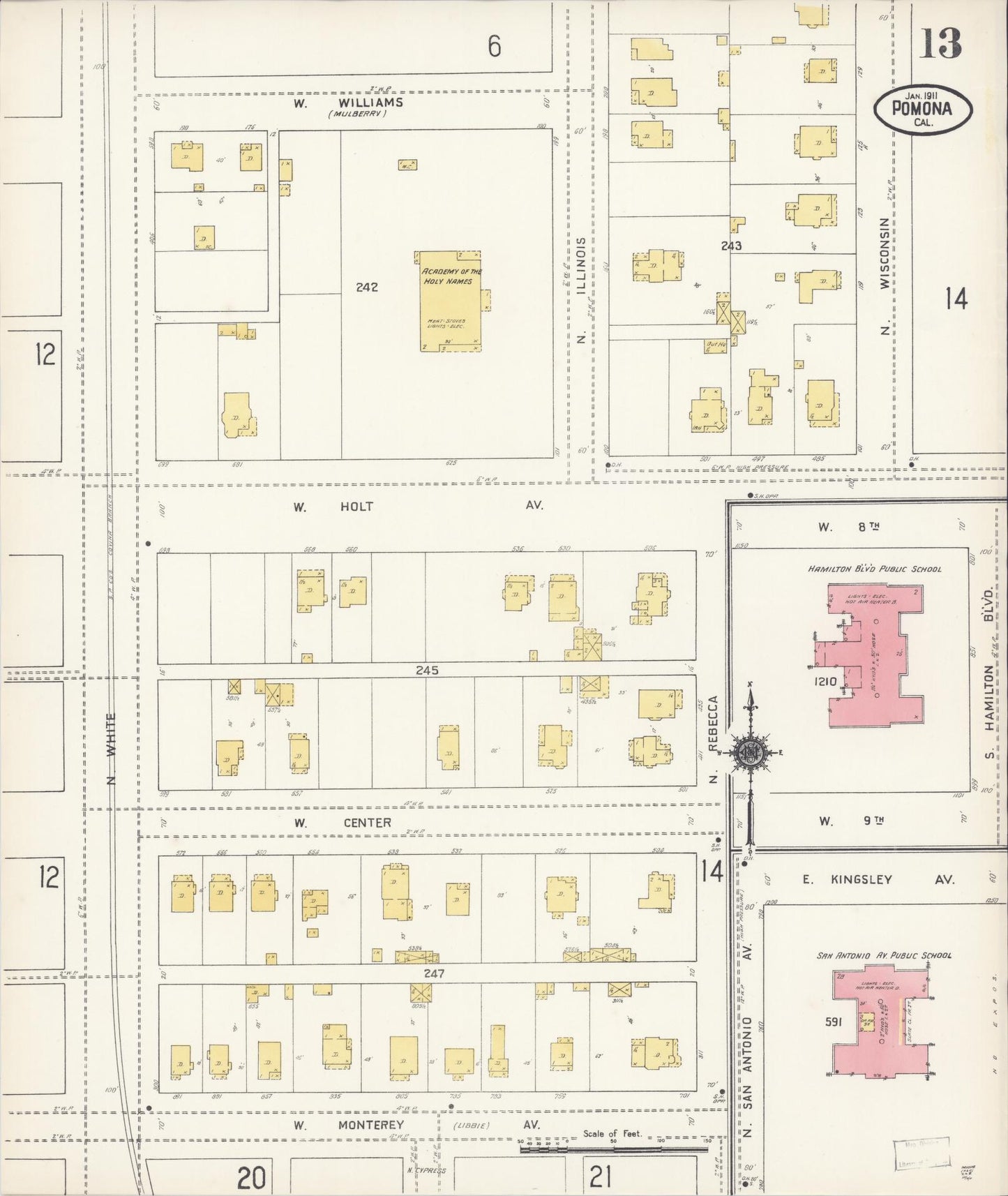 Sanborn Fire Insurance Map from Pomona, Los Angeles County, California (1911), Sheet #0013 - Complete Map Set gallery image, historic Sanborn map, vintage wall art, California California