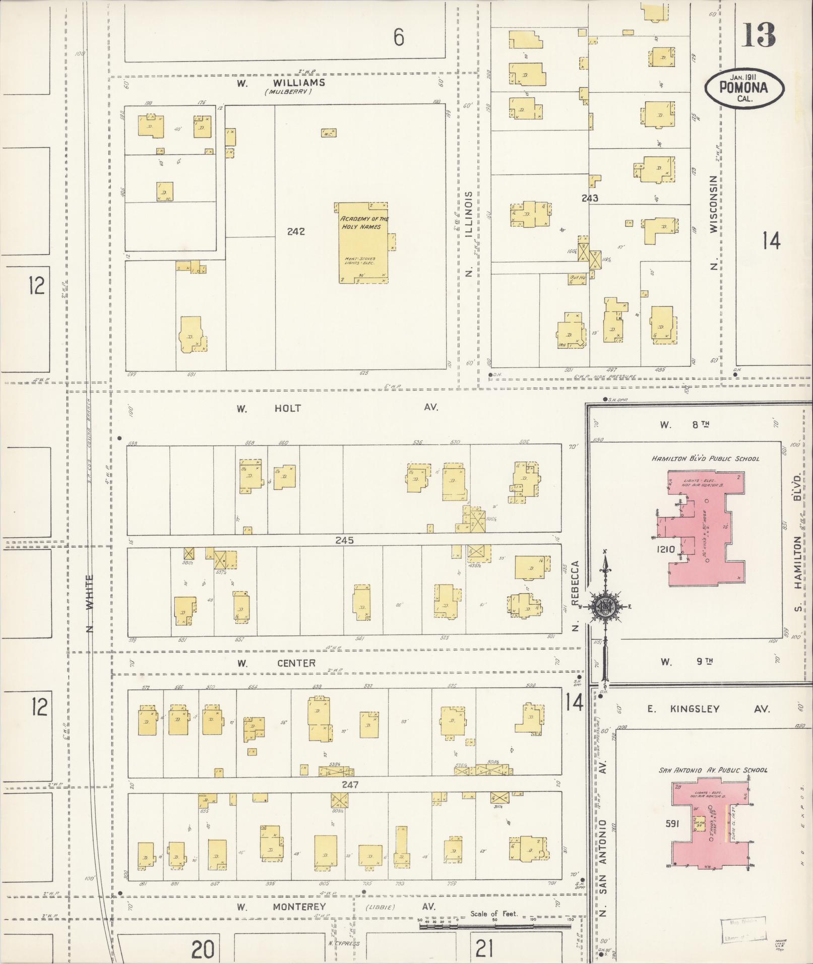 Sanborn Fire Insurance Map from Pomona, Los Angeles County, California (1911), Sheet #0013 - Complete Map Set gallery image, historic Sanborn map, vintage wall art, California California