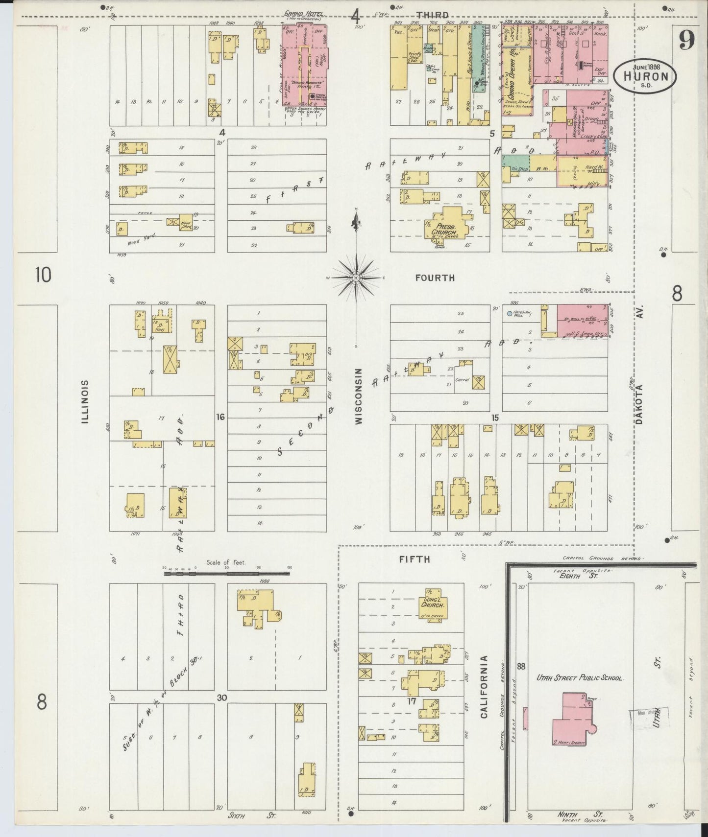 Sanborn Fire Insurance Map from Huron, Beadle County, South Dakota (1898), Sheet #0009 - Historic Sanborn Fire Insurance Map Print, vintage old map wall art, antique decor, genealogy gift, South Dakota South Dakota map
