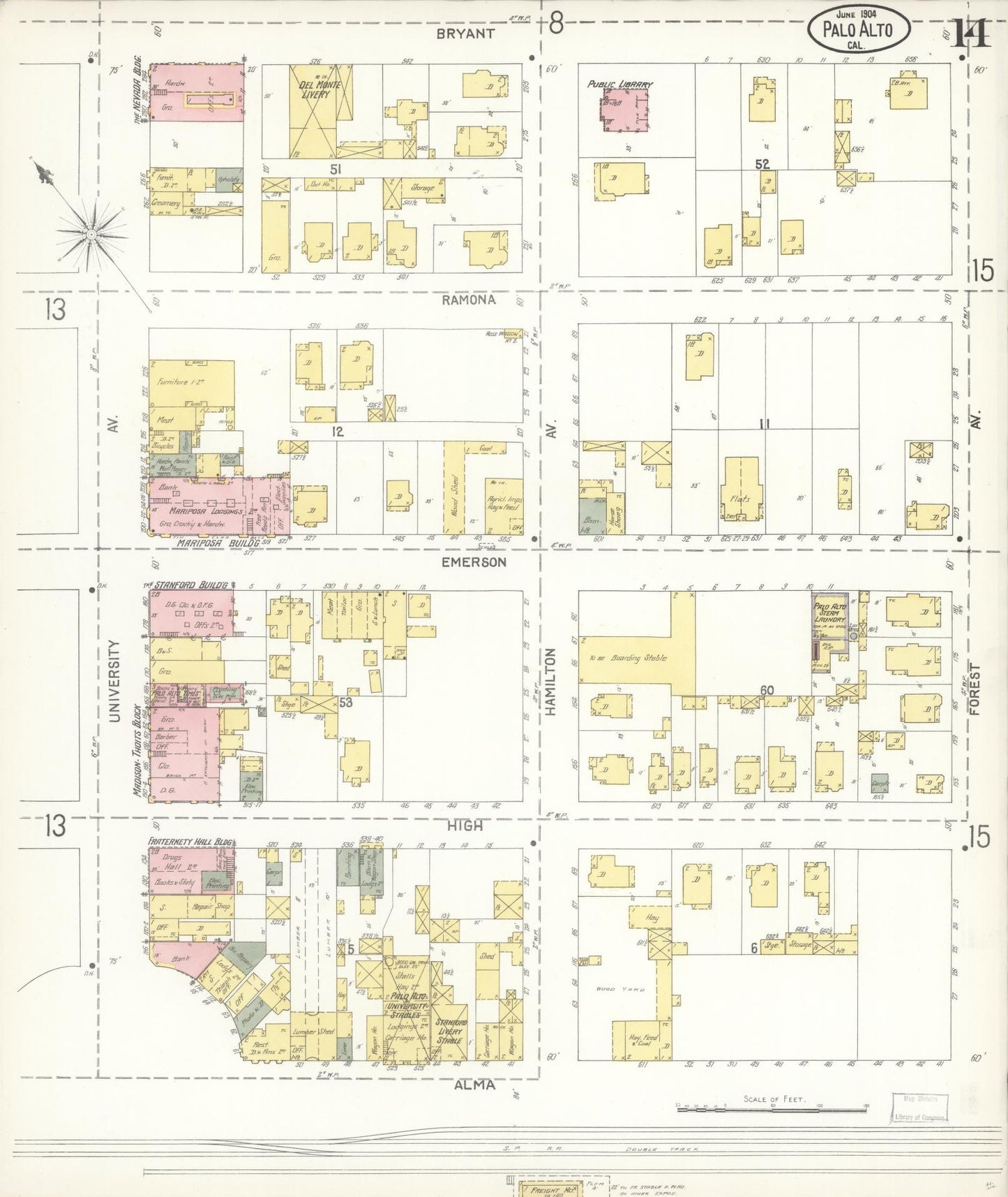 Sanborn Fire Insurance Map from Palo Alto, Santa Clara County, California (1904), Sheet #0014 - Complete Map Set gallery image, historic Sanborn map, vintage wall art, California California