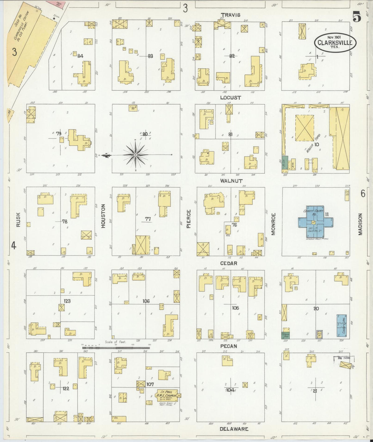 Sanborn Fire Insurance Map from Clarksville, Red River County, Texas (1901), Sheet #0005 - Complete Map Set gallery image, historic Sanborn map, vintage wall art, Texas Texas