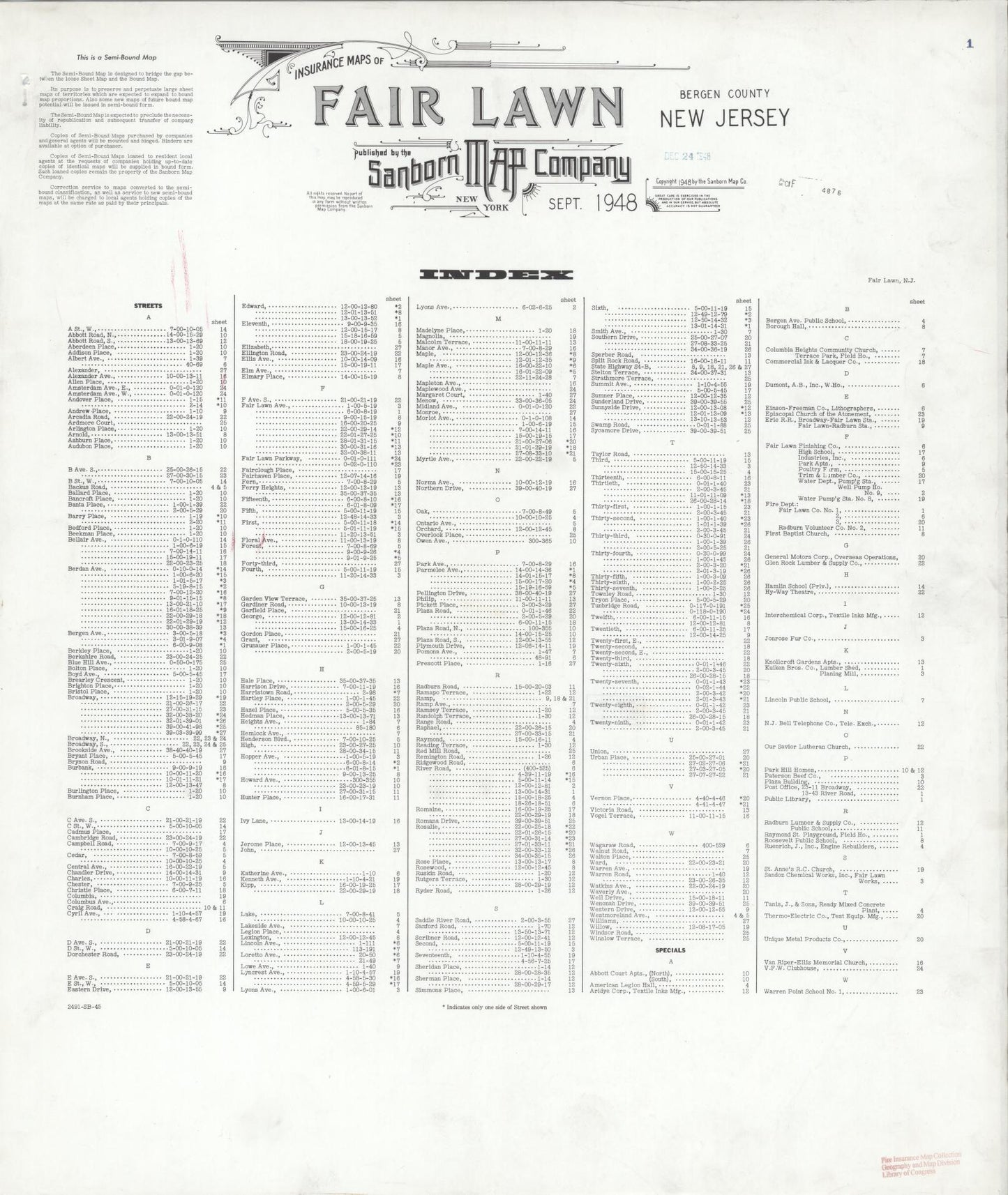 Sanborn Fire Insurance Map from Fair Lawn, Bergen County, New Jersey. (1948) – Historic Sanborn Fire Insurance Map Print
