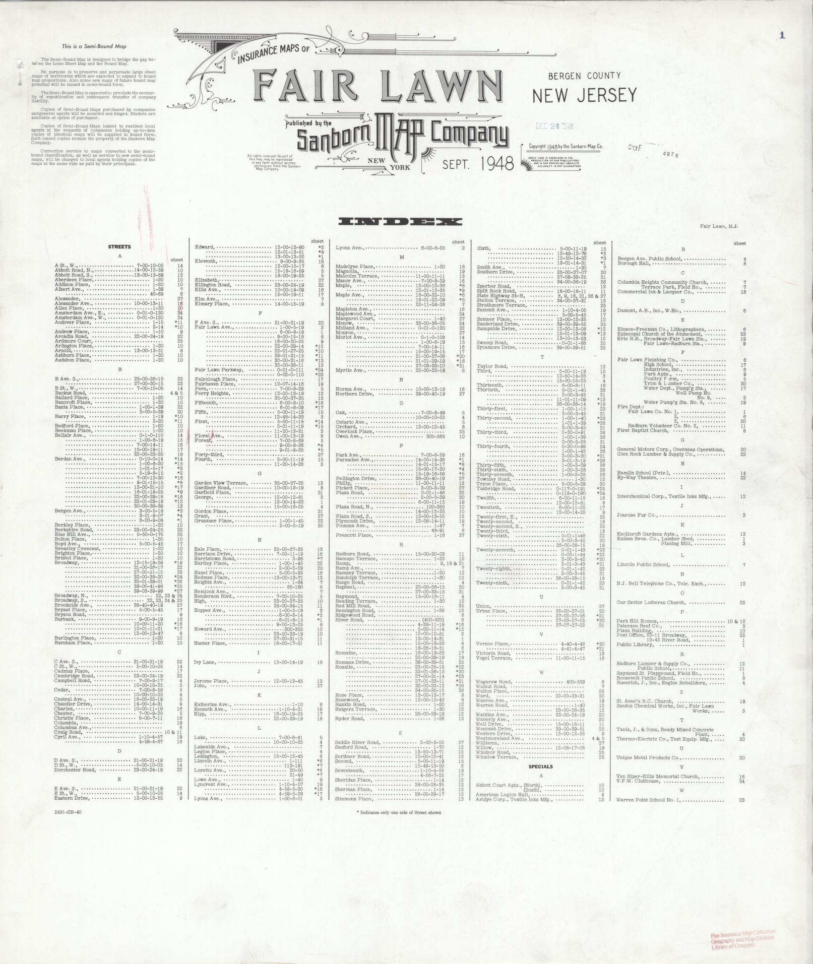 Sanborn Fire Insurance Map from Fair Lawn, Bergen County, New Jersey. (1948) – Historic Sanborn Fire Insurance Map Print