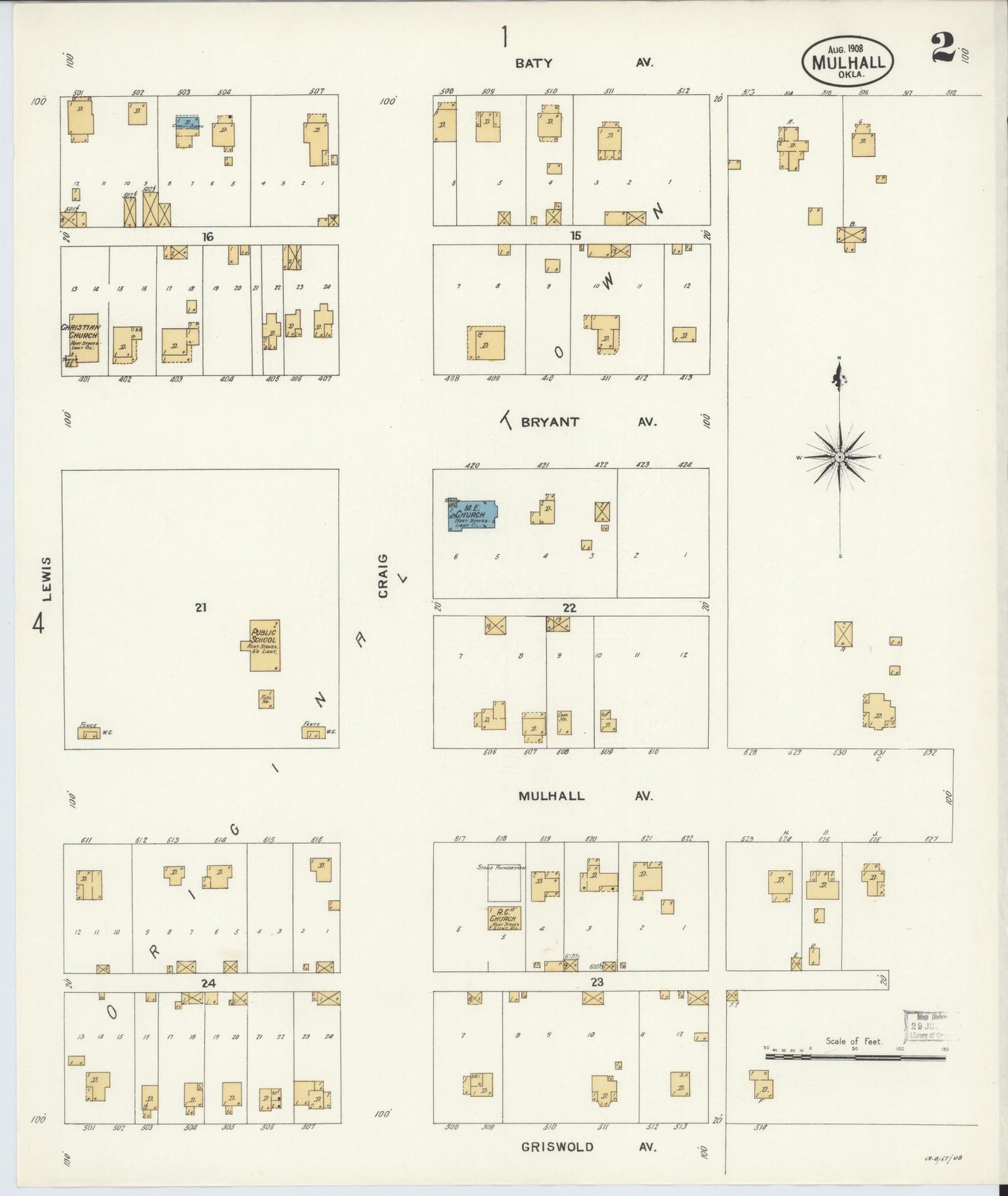 Sanborn Fire Insurance Map from Mulhall, Logan County, Oklahoma (1908), Sheet #0002 - Complete Map Set gallery image, historic Sanborn map, vintage wall art, Oklahoma Oklahoma