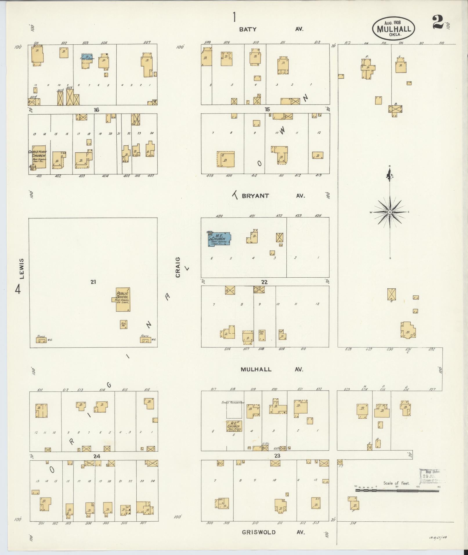 Sanborn Fire Insurance Map from Mulhall, Logan County, Oklahoma (1908), Sheet #0002 - Complete Map Set gallery image, historic Sanborn map, vintage wall art, Oklahoma Oklahoma
