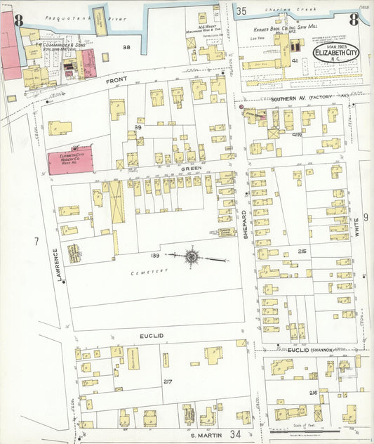 Sanborn Fire Insurance Map from Elizabeth City, Pasquotank County, North Carolina (1923), Sheet #0008 - Historic Sanborn Fire Insurance Map Print, vintage old map wall art, antique decor, genealogy gift, North Carolina North Carolina map
