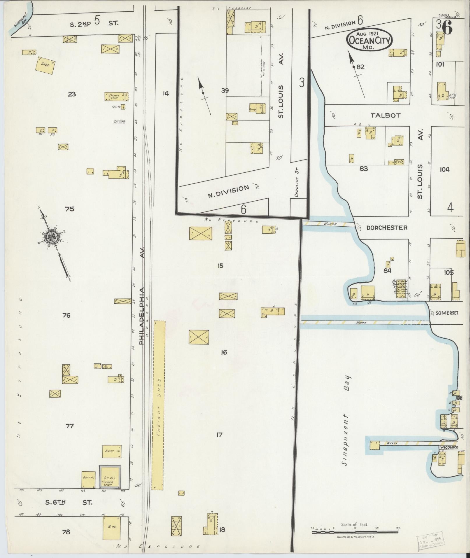 Sanborn Fire Insurance Map from Ocean City, Worcester County, Maryland (1921), Sheet #0006 - Historic Sanborn Fire Insurance Map Print, vintage old map wall art