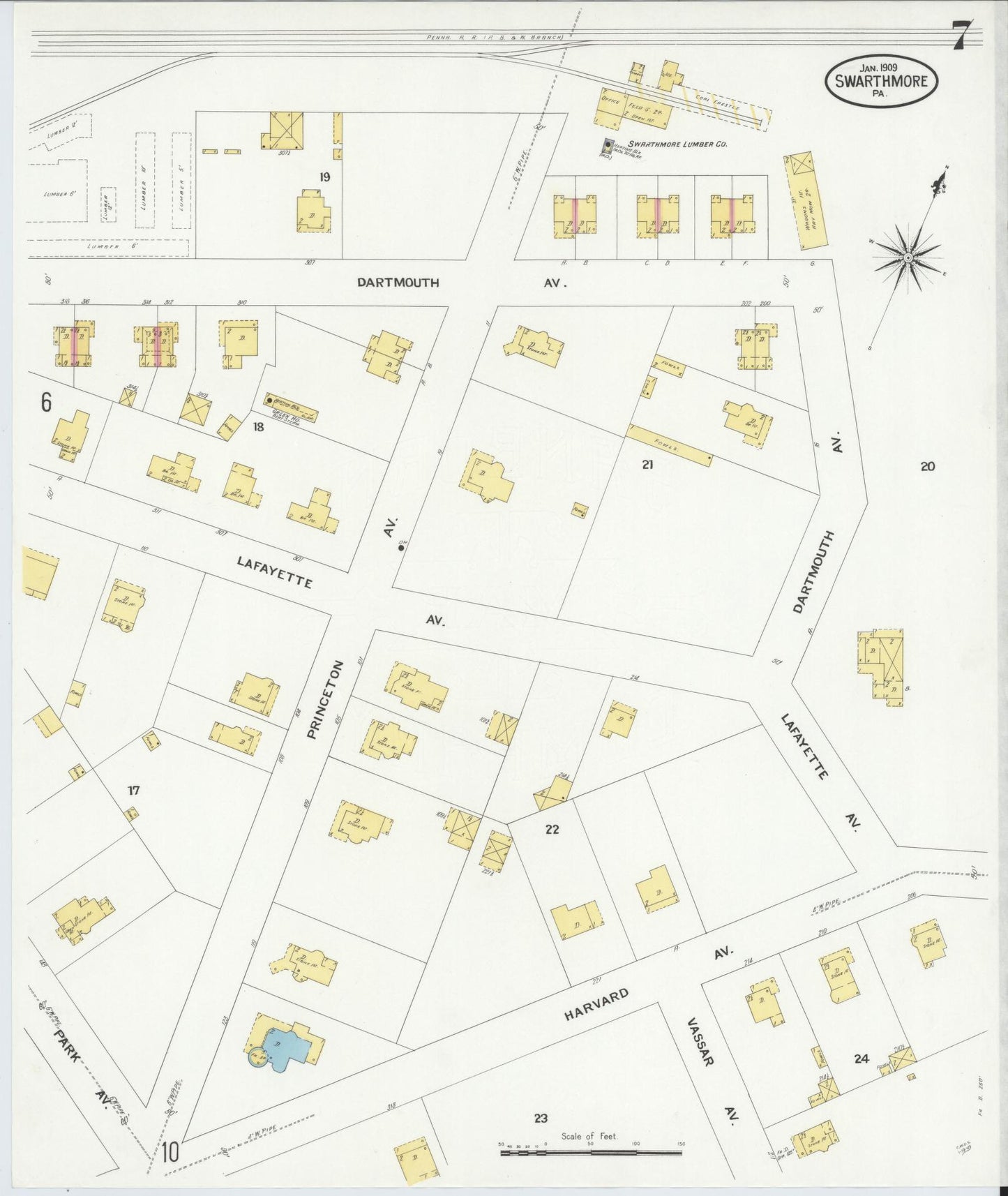 Sanborn Fire Insurance Map from Swarthmore, Delaware County, Pennsylvania (1909), Sheet #0007 - Historic Sanborn Fire Insurance Map Print, vintage old map wall art, antique decor, genealogy gift, Swarthmore Delaware map