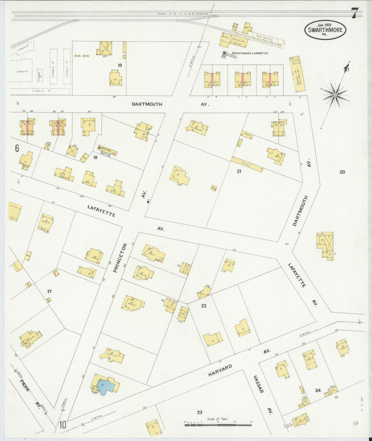 Sanborn Fire Insurance Map from Swarthmore, Delaware County, Pennsylvania (1909), Sheet #0007 - Historic Sanborn Fire Insurance Map Print, vintage old map wall art, antique decor, genealogy gift, Swarthmore Delaware map