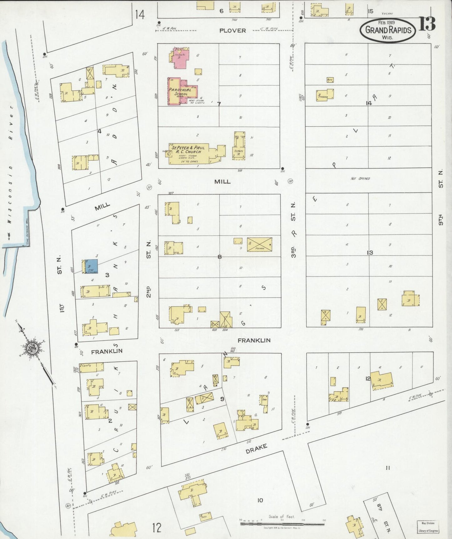 Sanborn Fire Insurance Map from Grand Rapids, Wood County, Wisconsin (1919), Sheet #0013 - Historic Sanborn Fire Insurance Map Print, vintage old map wall art, antique decor, genealogy gift, Wisconsin Wisconsin map