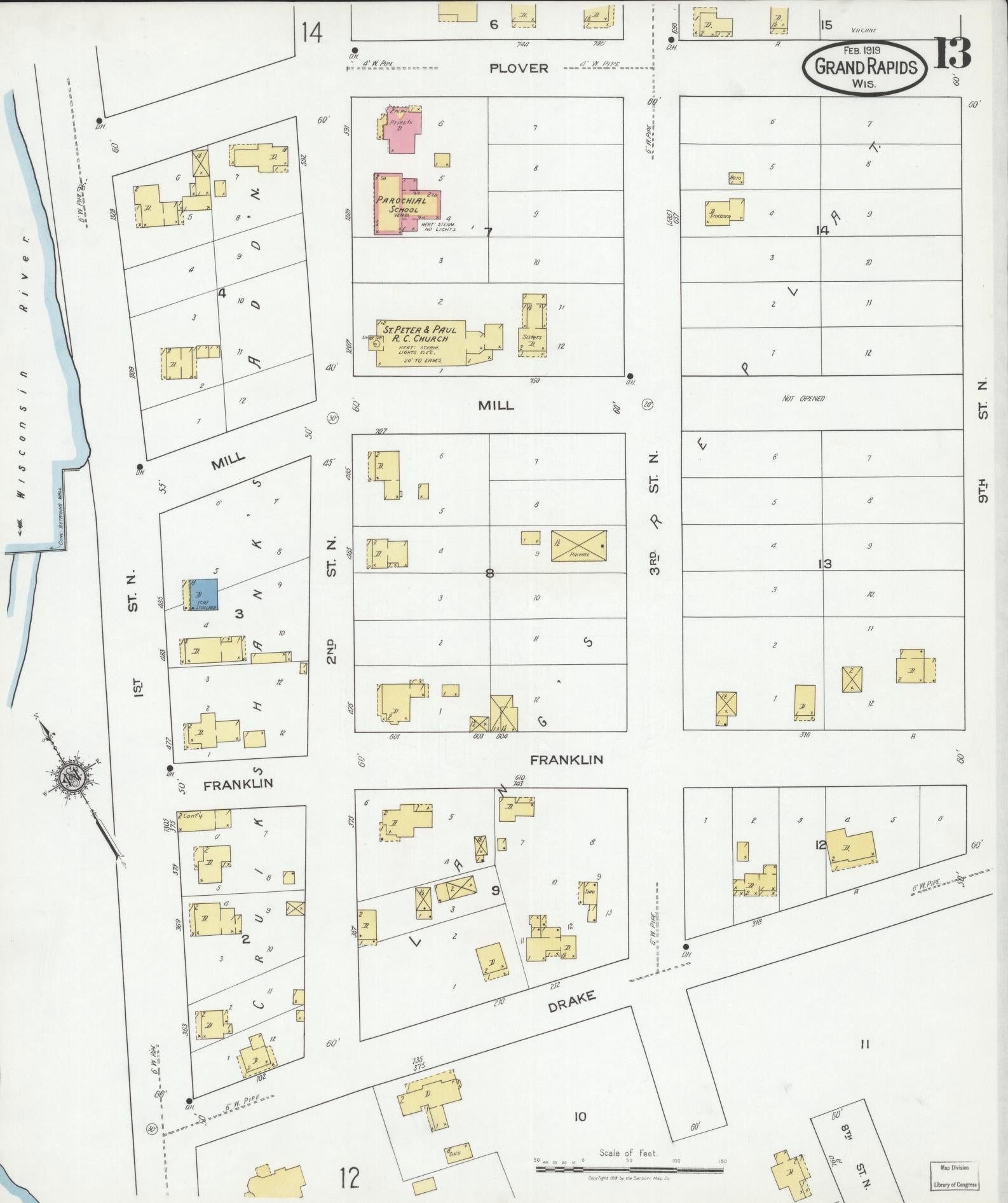 Sanborn Fire Insurance Map from Grand Rapids, Wood County, Wisconsin (1919), Sheet #0013 - Historic Sanborn Fire Insurance Map Print, vintage old map wall art, antique decor, genealogy gift, Wisconsin Wisconsin map