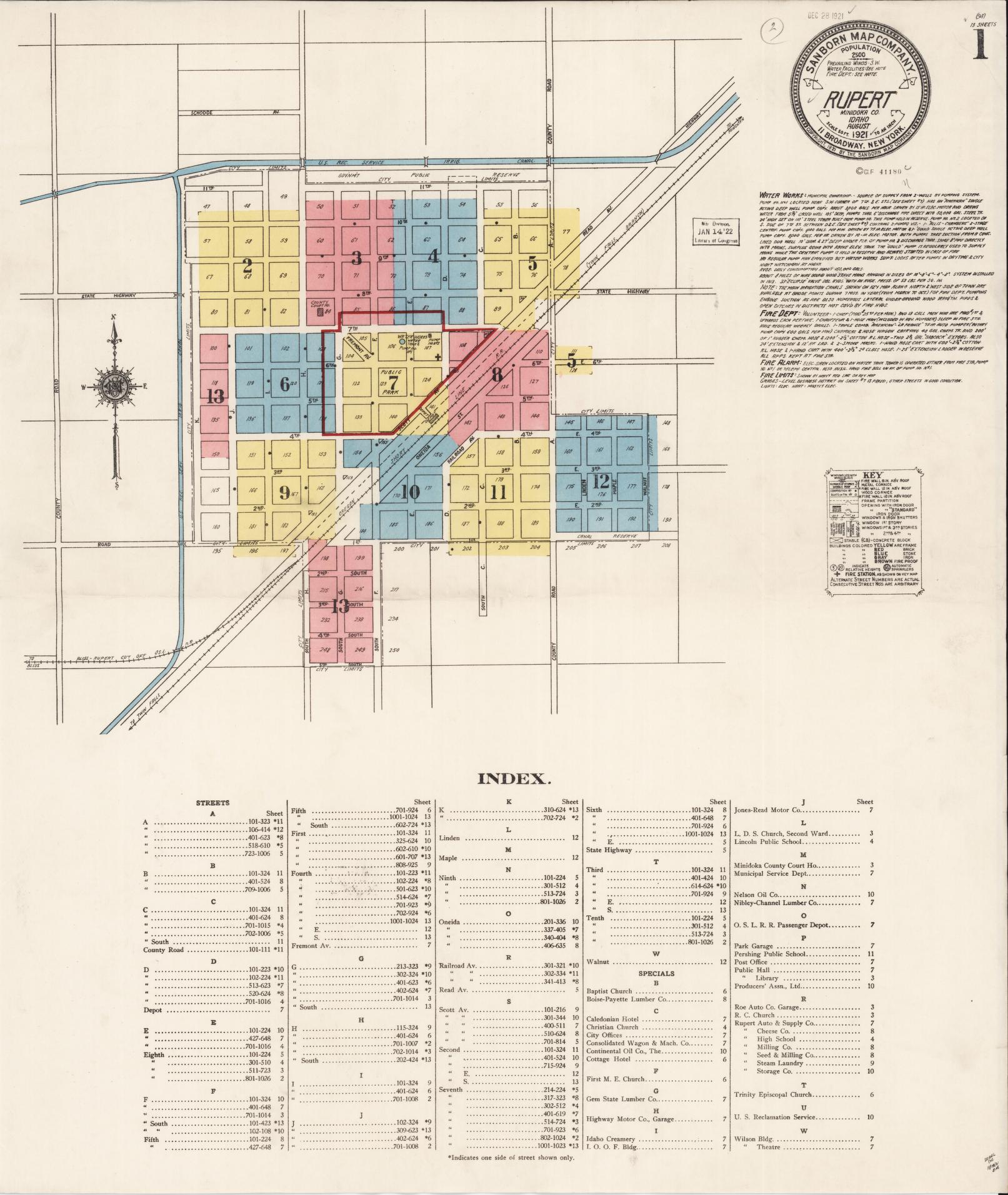 Sanborn Fire Insurance Map from Rupert, Minidoka County, Idaho (1921), Sheet #0001 - Historic Sanborn Fire Insurance Map Print, vintage old map wall art, antique decor, genealogy gift, Idaho Idaho map