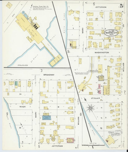 Sanborn Fire Insurance Map from Marine City, Saint Clair County, Michigan (1907), Sheet #0005 - Complete Map Set gallery image, historic Sanborn map, vintage wall art, Michigan Michigan