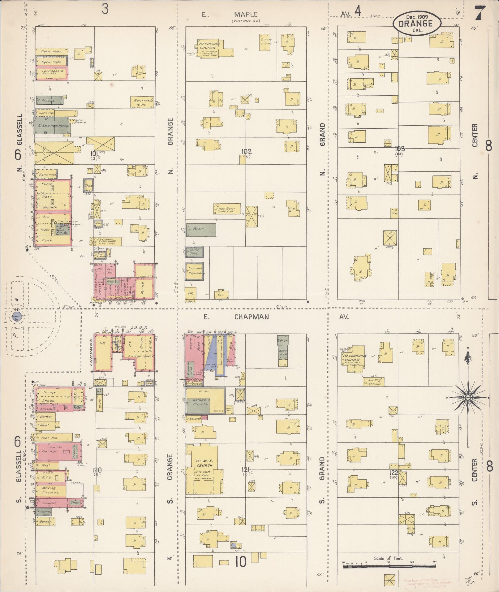 Sanborn Fire Insurance Map from Orange, Orange County, California (1909), Sheet #0007 - Complete Map Set gallery image, historic Sanborn map, vintage wall art, California California