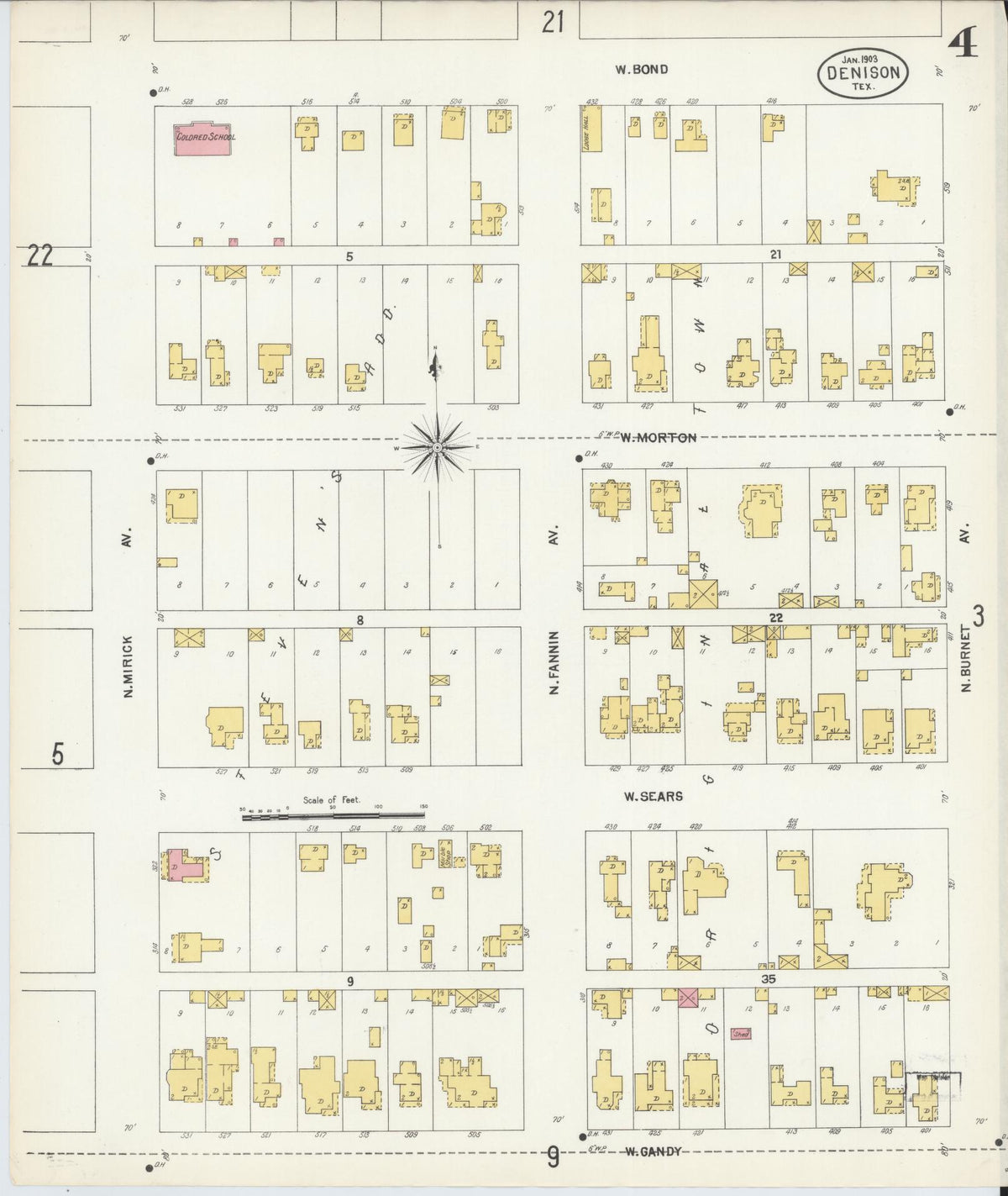 Sanborn Fire Insurance Map from Denison, Grayson County, Texas (1903), Sheet #0004 - Historic Sanborn Fire Insurance Map Print, vintage old map wall art, antique decor, genealogy gift, Texas Texas map