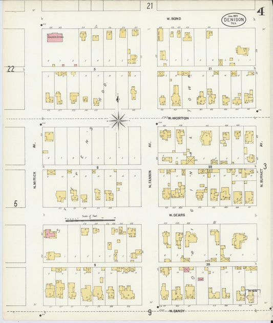 Sanborn Fire Insurance Map from Denison, Grayson County, Texas (1903), Sheet #0004 - Historic Sanborn Fire Insurance Map Print, vintage old map wall art, antique decor, genealogy gift, Texas Texas map