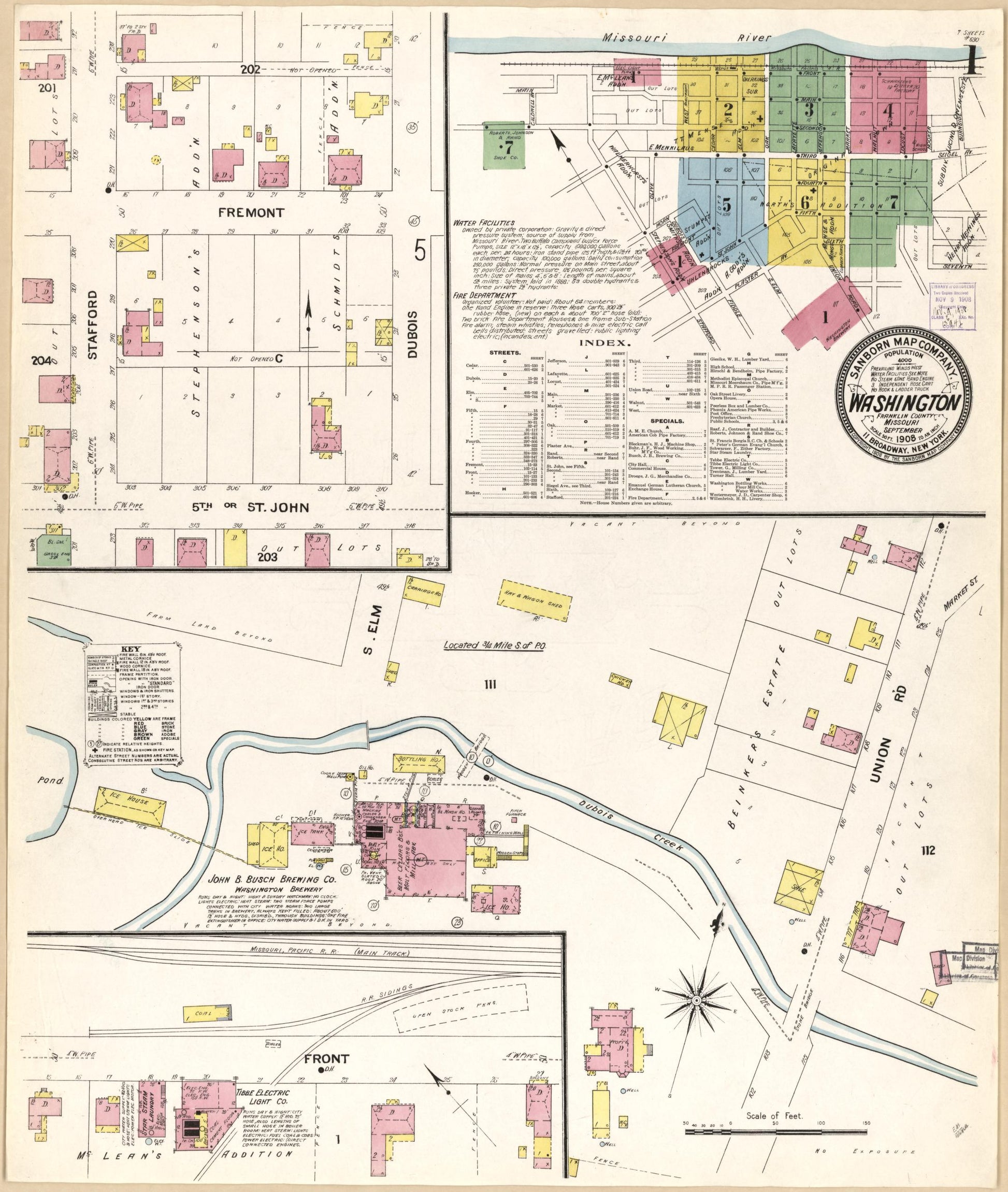 Sanborn Fire Insurance Map from Washington, Franklin County, Missouri (1908), Sheet #0001 - Historic Sanborn Fire Insurance Map Print, vintage old map wall art, antique decor, genealogy gift, Washington Washington map