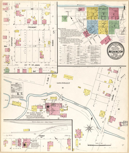 Sanborn Fire Insurance Map from Washington, Franklin County, Missouri (1908), Sheet #0001 - Historic Sanborn Fire Insurance Map Print, vintage old map wall art, antique decor, genealogy gift, Washington Washington map