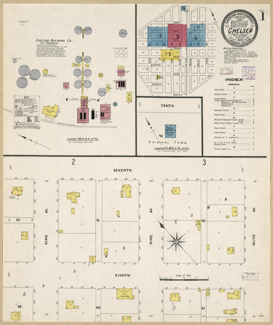 Sanborn Fire Insurance Map from Chelsea, Rogers County, Oklahoma (1908), Sheet #0001 - Historic Sanborn Fire Insurance Map Print, vintage old map wall art, antique decor, genealogy gift, Oklahoma Oklahoma map