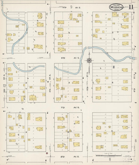 Sanborn Fire Insurance Map from Moorhead, Clay County, Minnesota (1922), Sheet #0011 - Historic Sanborn Fire Insurance Map Print, vintage old map wall art, antique decor, genealogy gift, Minnesota Minnesota map