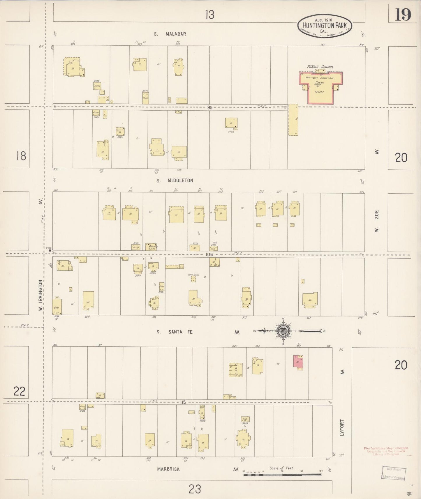 Sanborn Fire Insurance Map from Huntington Park, Los Angeles County, California (1916), Sheet #0019 - Historic Sanborn Fire Insurance Map Print, vintage old map wall art, antique decor, genealogy gift, California California map