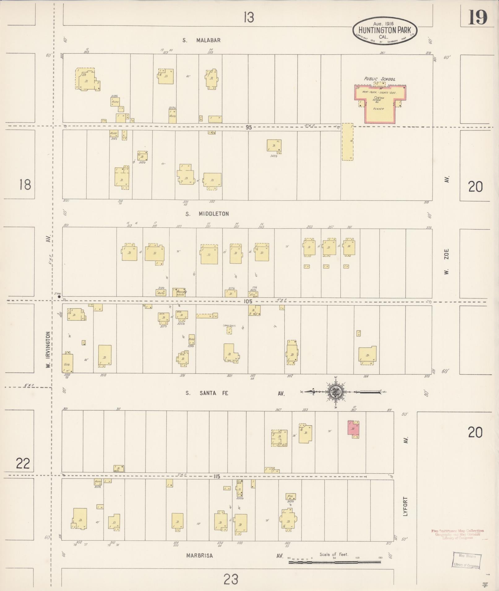 Sanborn Fire Insurance Map from Huntington Park, Los Angeles County, California (1916), Sheet #0019 - Historic Sanborn Fire Insurance Map Print, vintage old map wall art, antique decor, genealogy gift, California California map
