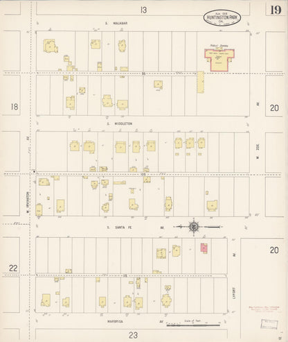 Sanborn Fire Insurance Map from Huntington Park, Los Angeles County, California (1916), Sheet #0019 - Historic Sanborn Fire Insurance Map Print, vintage old map wall art, antique decor, genealogy gift, California California map