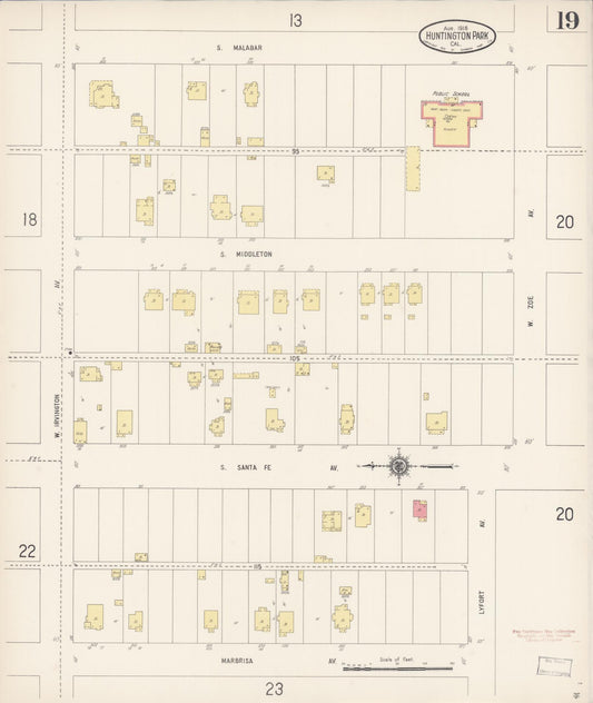 Sanborn Fire Insurance Map from Huntington Park, Los Angeles County, California (1916), Sheet #0019 - Historic Sanborn Fire Insurance Map Print, vintage old map wall art, antique decor, genealogy gift, California California map