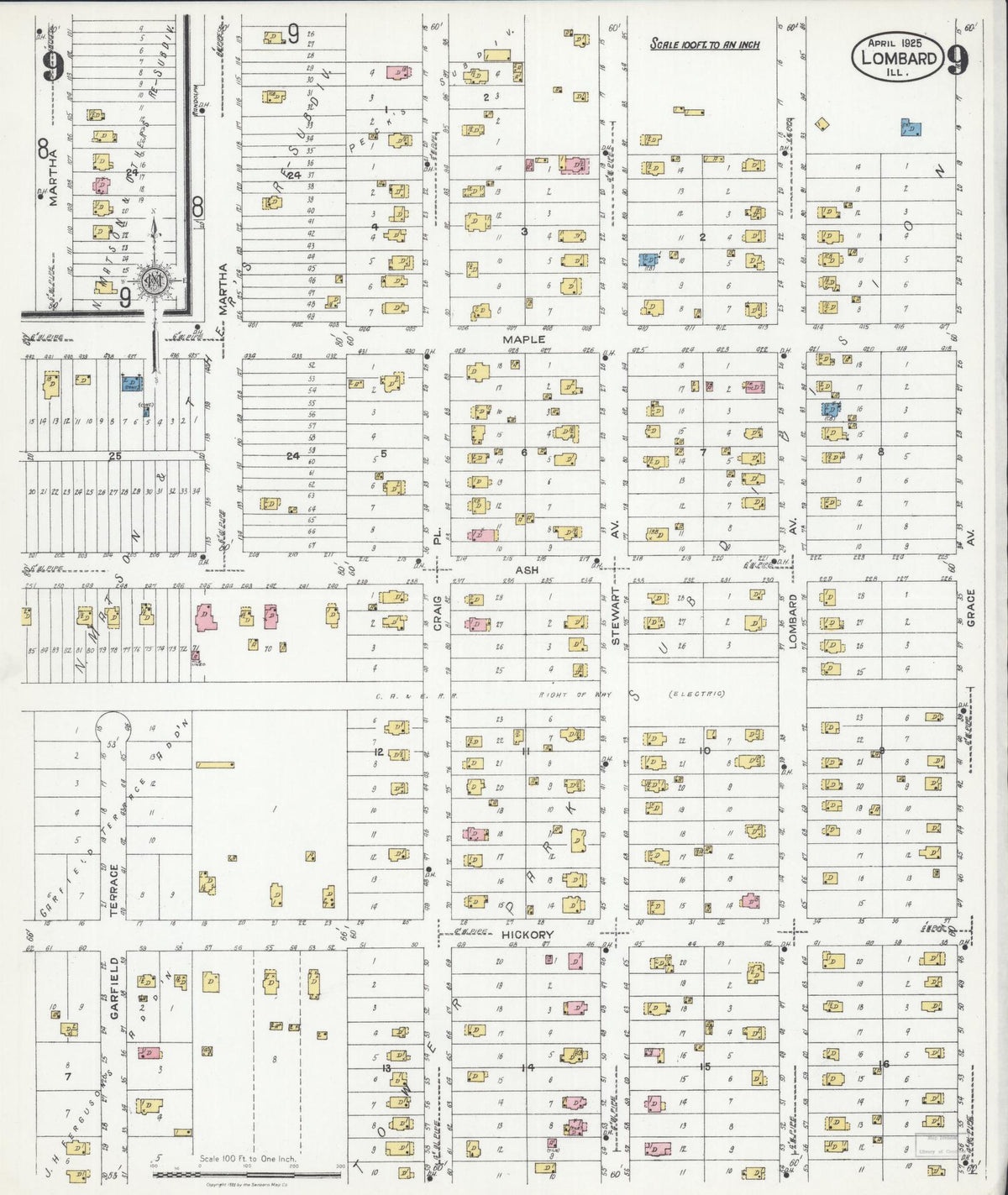 Sanborn Fire Insurance Map from Lombard, Du Page County, Illinois (1925), Sheet #0009 - Historic Sanborn Fire Insurance Map Print, vintage old map wall art, antique decor, genealogy gift, Illinois Illinois map