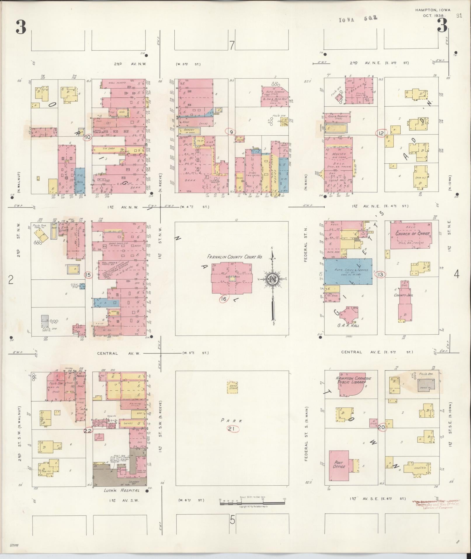 Sanborn Fire Insurance Map from Hampton, Franklin County, Iowa (1944), Sheet #0003 - Historic Sanborn Fire Insurance Map Print, vintage old map wall art