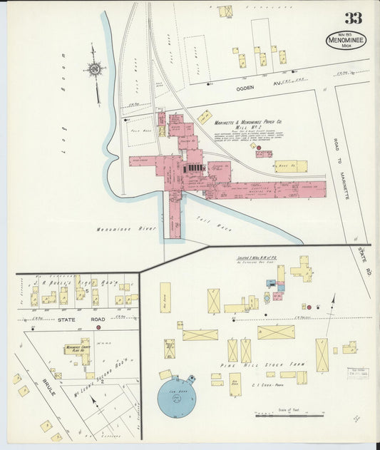 Sanborn Fire Insurance Map from Menominee, Menominee County, Michigan (1913), Sheet #0033 - Historic Sanborn Fire Insurance Map Print, vintage old map wall art, antique decor, genealogy gift, Michigan Michigan map