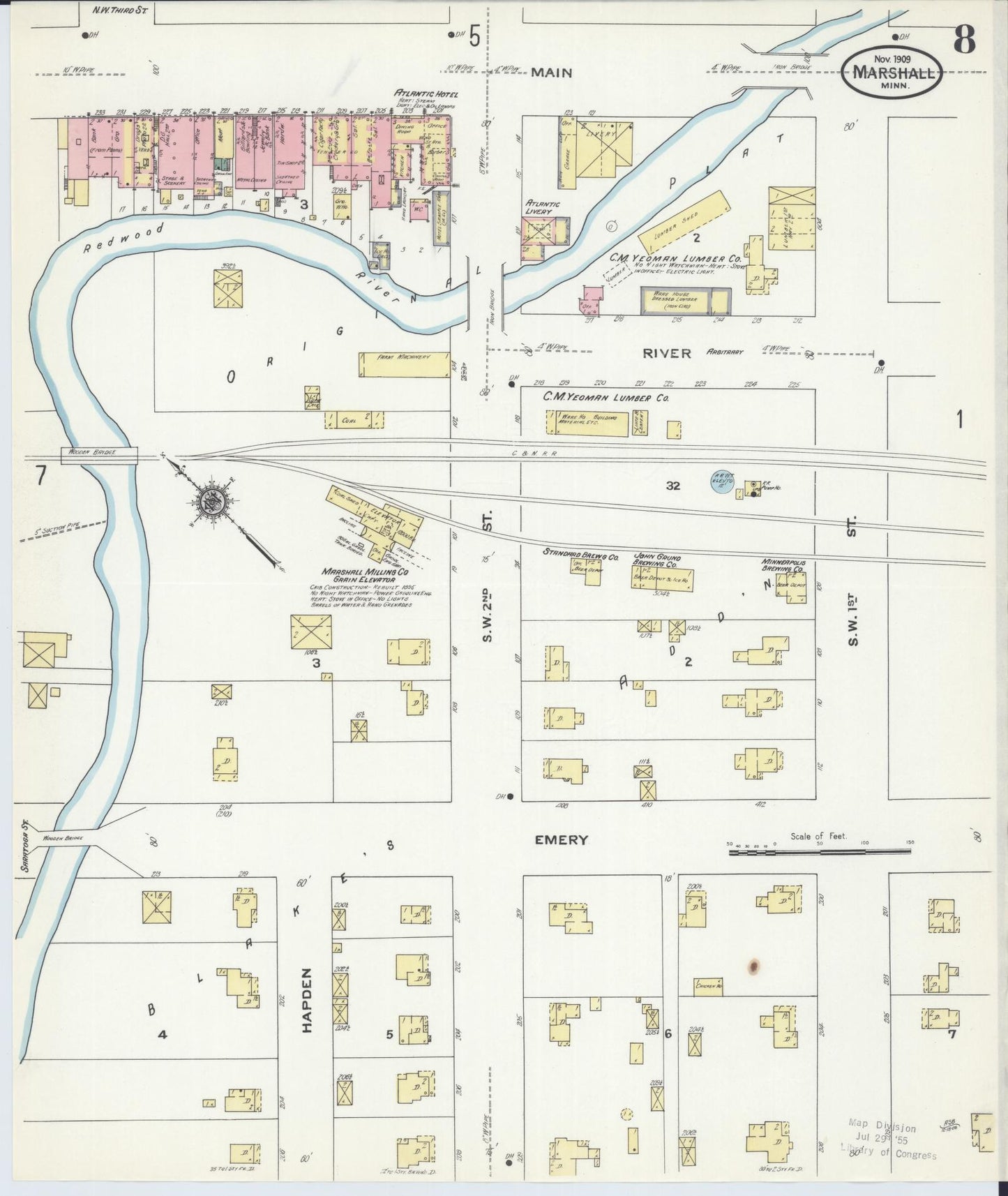 Sanborn Fire Insurance Map from Marshall, Lyon County, Minnesota (1909), Sheet #0008 - Historic Sanborn Fire Insurance Map Print, vintage old map wall art, antique decor, genealogy gift, Minnesota Minnesota map