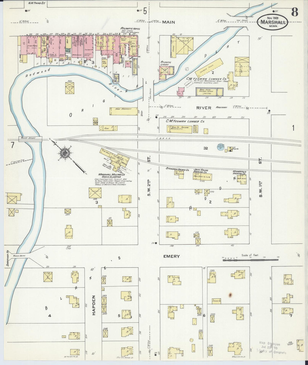Sanborn Fire Insurance Map from Marshall, Lyon County, Minnesota (1909), Sheet #0008 - Historic Sanborn Fire Insurance Map Print, vintage old map wall art, antique decor, genealogy gift, Minnesota Minnesota map