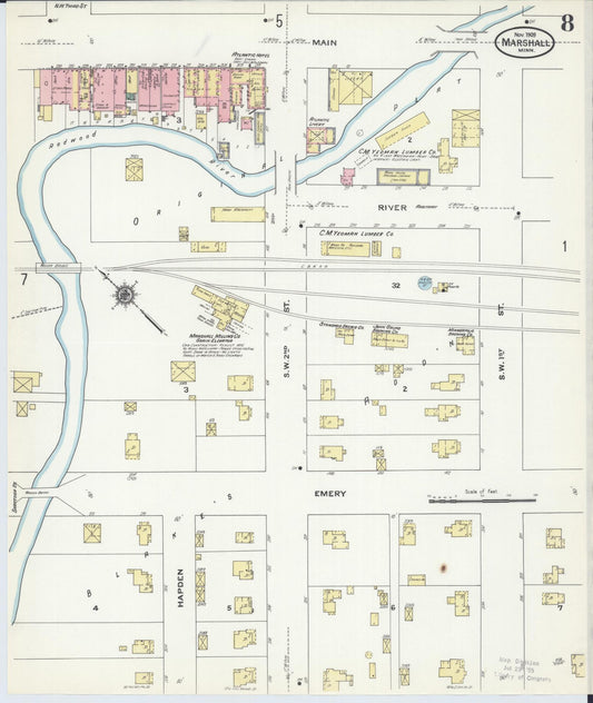 Sanborn Fire Insurance Map from Marshall, Lyon County, Minnesota (1909), Sheet #0008 - Historic Sanborn Fire Insurance Map Print, vintage old map wall art, antique decor, genealogy gift, Minnesota Minnesota map