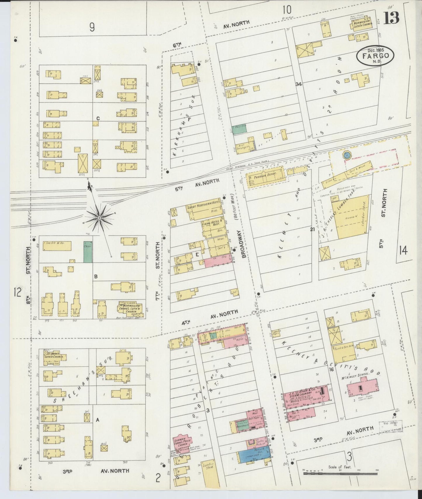 Sanborn Fire Insurance Map from Fargo, Cass County, North Dakota (1905), Sheet #0013 - Historic Sanborn Fire Insurance Map Print, vintage old map wall art, antique decor, genealogy gift, North Dakota North Dakota map