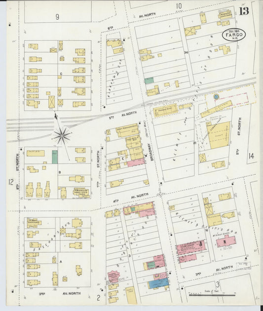 Sanborn Fire Insurance Map from Fargo, Cass County, North Dakota (1905), Sheet #0013 - Historic Sanborn Fire Insurance Map Print, vintage old map wall art, antique decor, genealogy gift, North Dakota North Dakota map