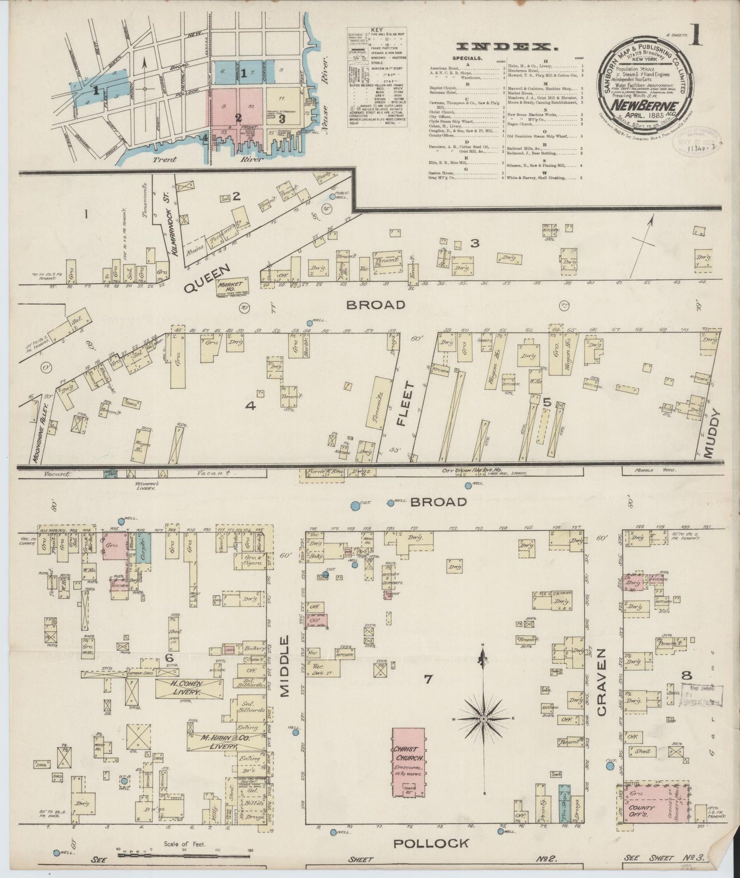 Sanborn Fire Insurance Map from New Bern, Craven County, North Carolina (1885), Sheet #0001 - Historic Sanborn Fire Insurance Map Print, vintage old map wall art, antique decor, genealogy gift, North Carolina North Carolina map