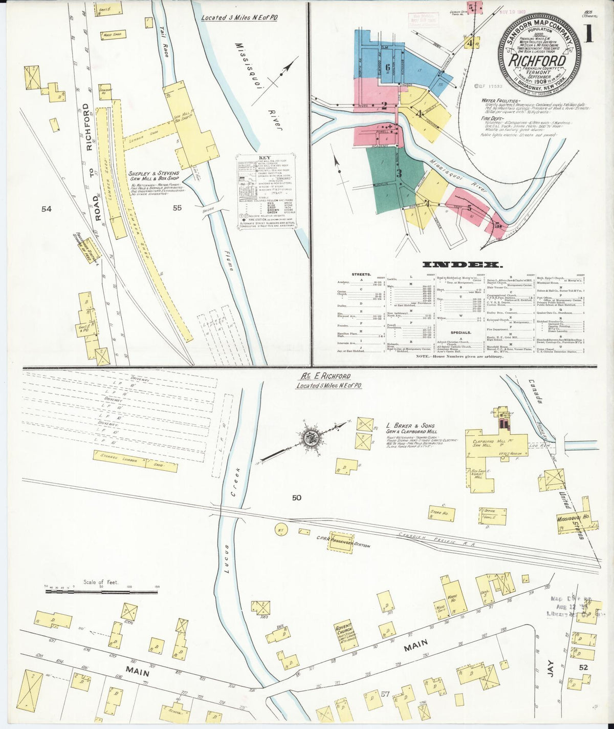 Sanborn Fire Insurance Map from Richford, Franklin County, Vermont (1909), Sheet #0001 - Complete Map Set gallery image, historic Sanborn map, vintage wall art, Vermont Vermont