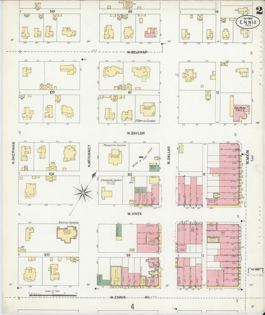 Sanborn Fire Insurance Map from Ennis, Ellis County, Texas (1901), Sheet #0002 - Historic Sanborn Fire Insurance Map Print, vintage old map wall art, antique decor, genealogy gift, Texas Texas map
